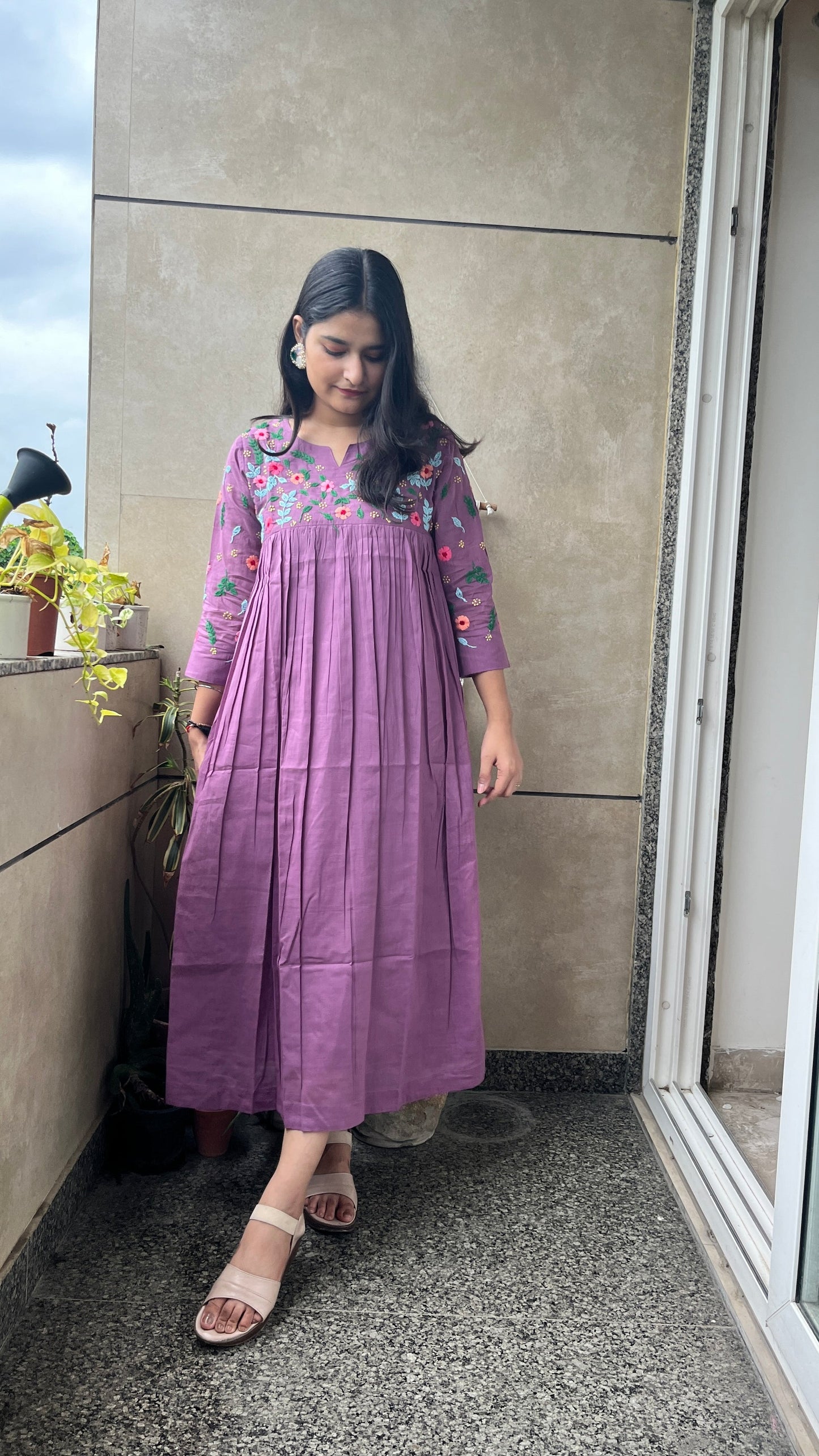 Pure Mul Cotton Dress With Pants - PURPLE