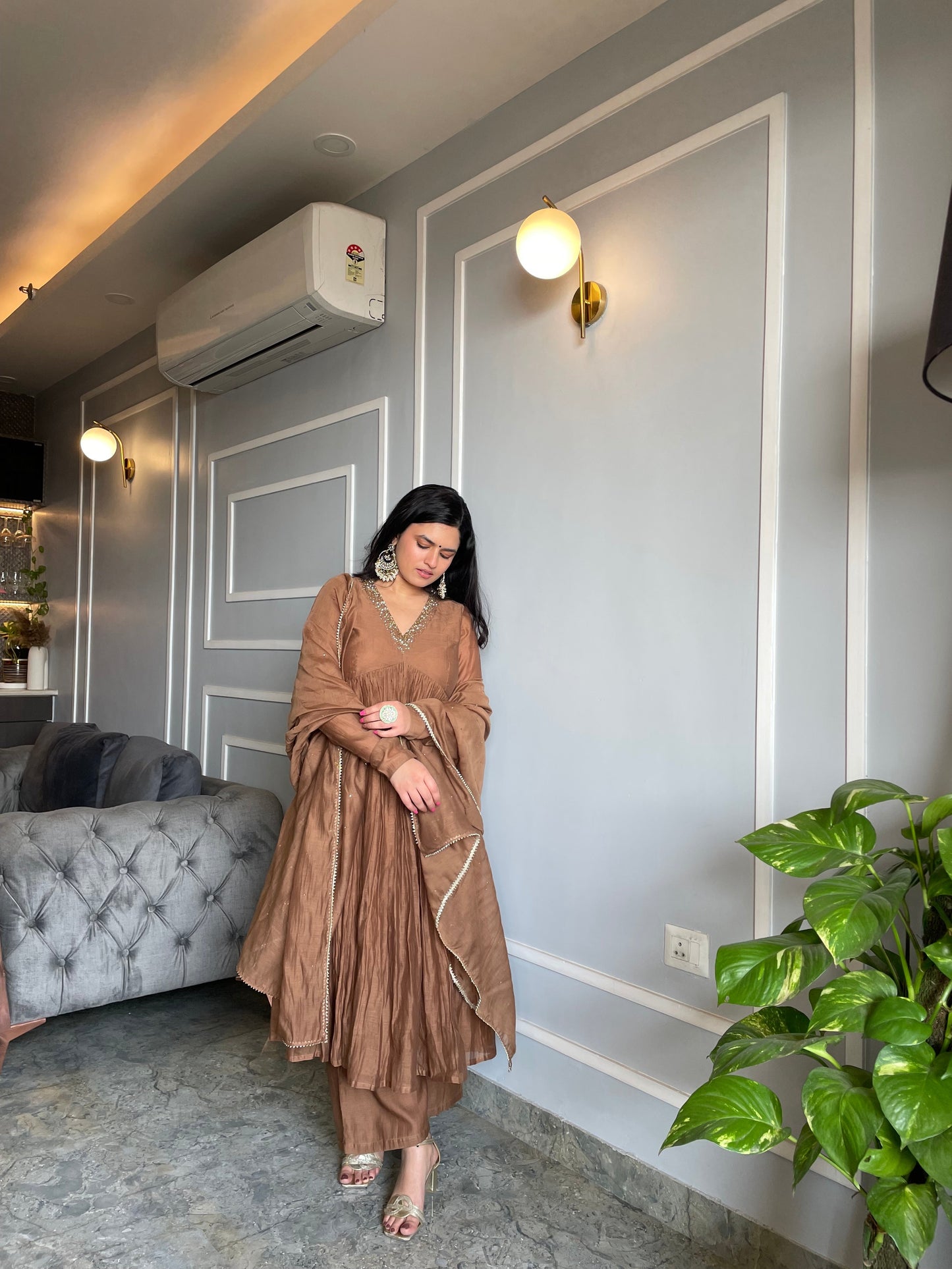 Golden/Muted-Brown Mul Chanderi anarkali with churi sleeves Set of 3