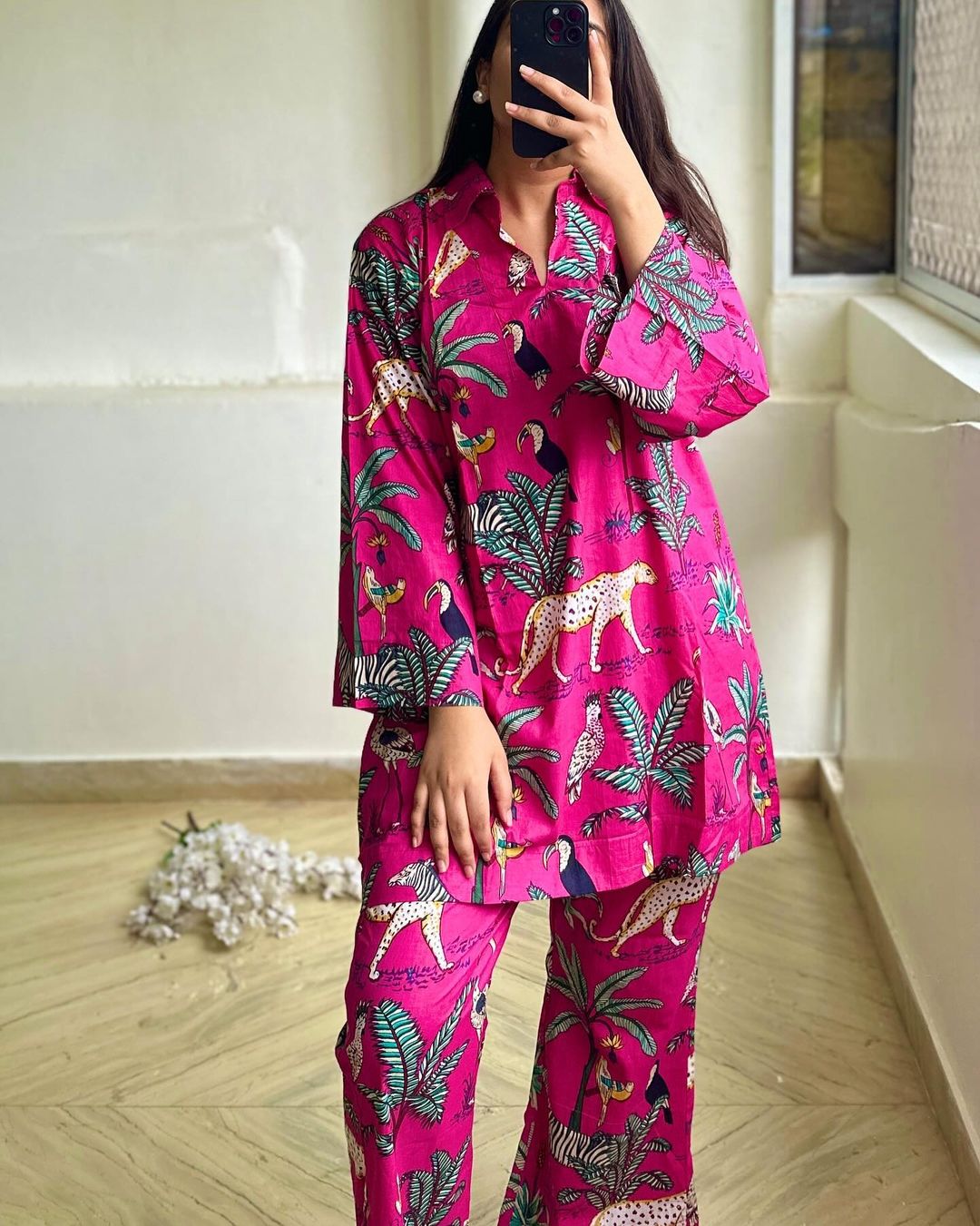 Animal Garden printed pure cotton coord set - Pink