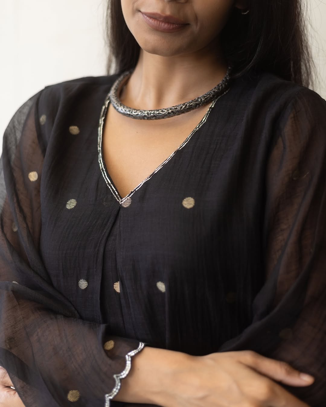 Black Silver Woven Dots Kurta Set