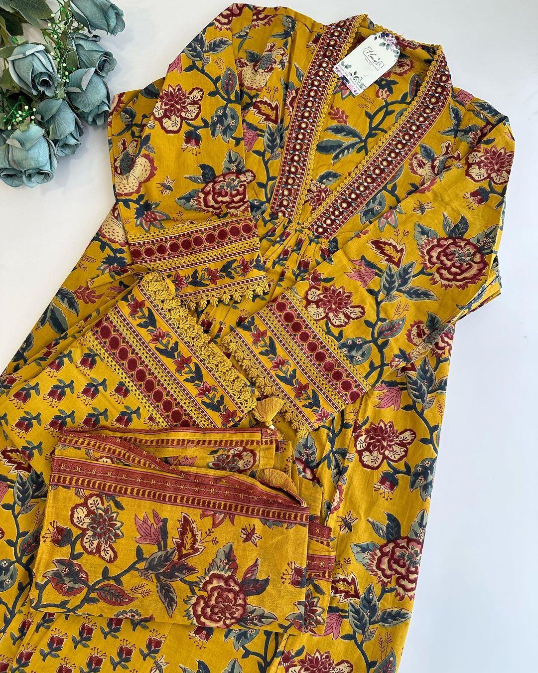 Ajrak Print Hand Embroidery Pure Cotton Kurta Set with Pant & Dupatta - Mustard