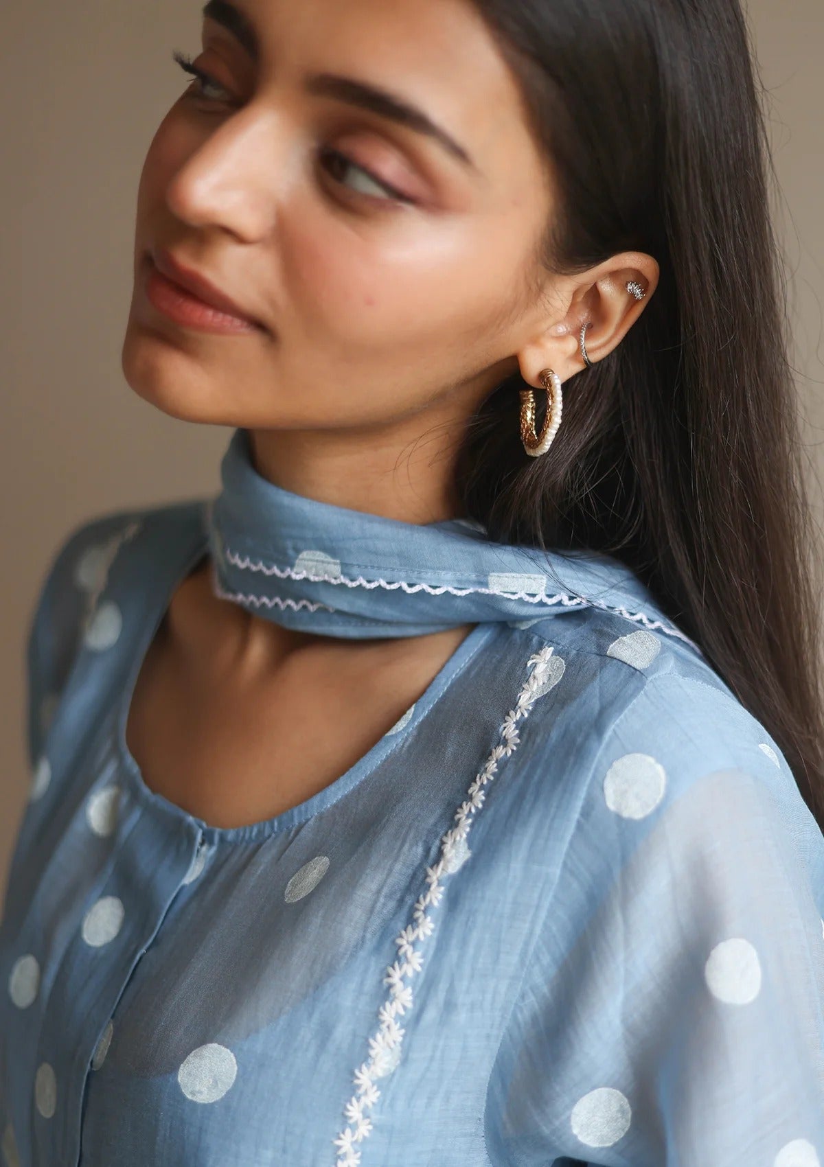 Pure Mul Chanderi Powder Blue Polka Dots Kurta Set