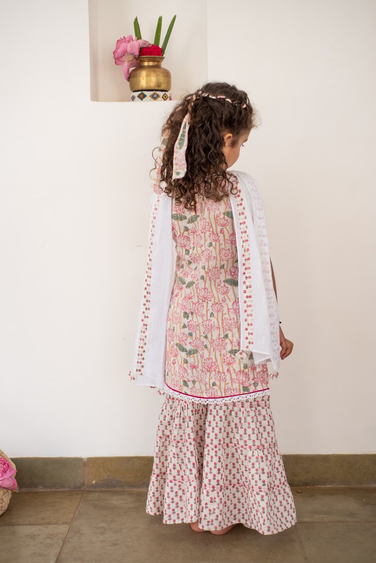 Organic Cotton Hand-block Lotus Lacey Sharara Set - Pink