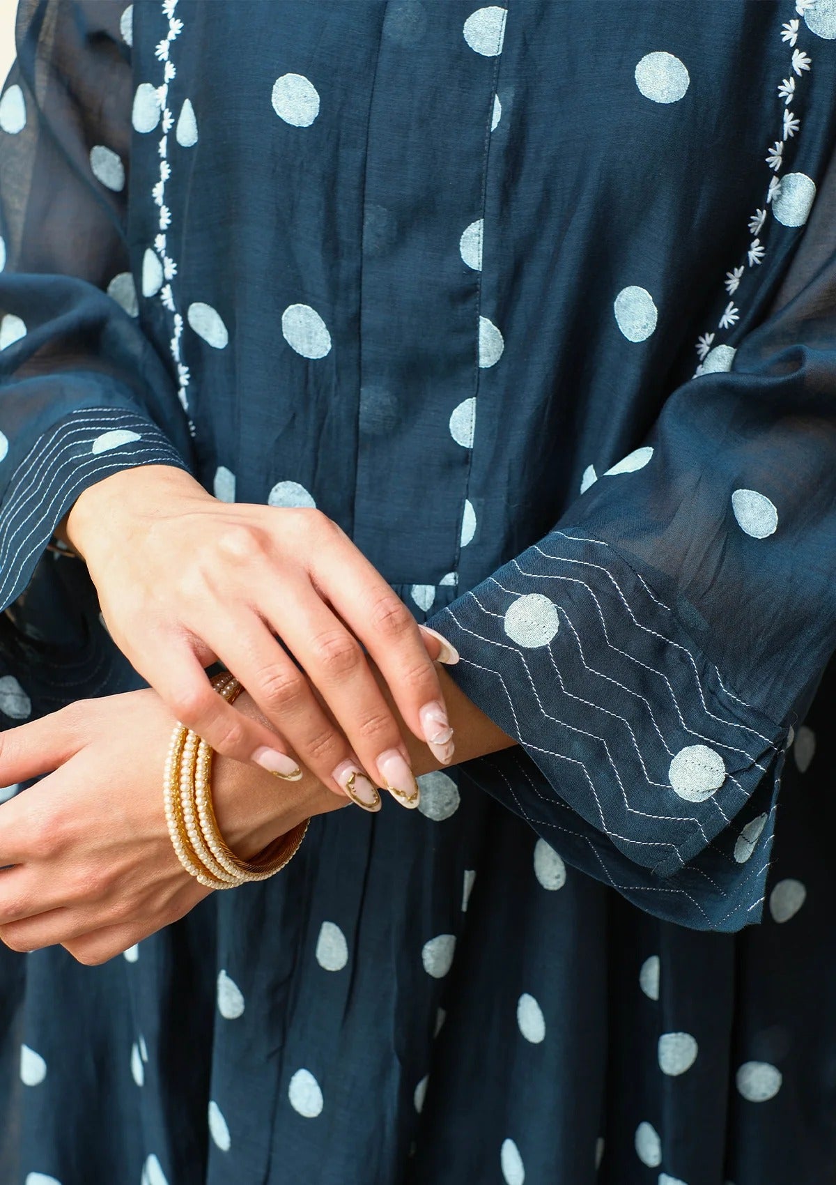 Pure Mul Chanderi Midnight Blue Polka Dots Kurta Set