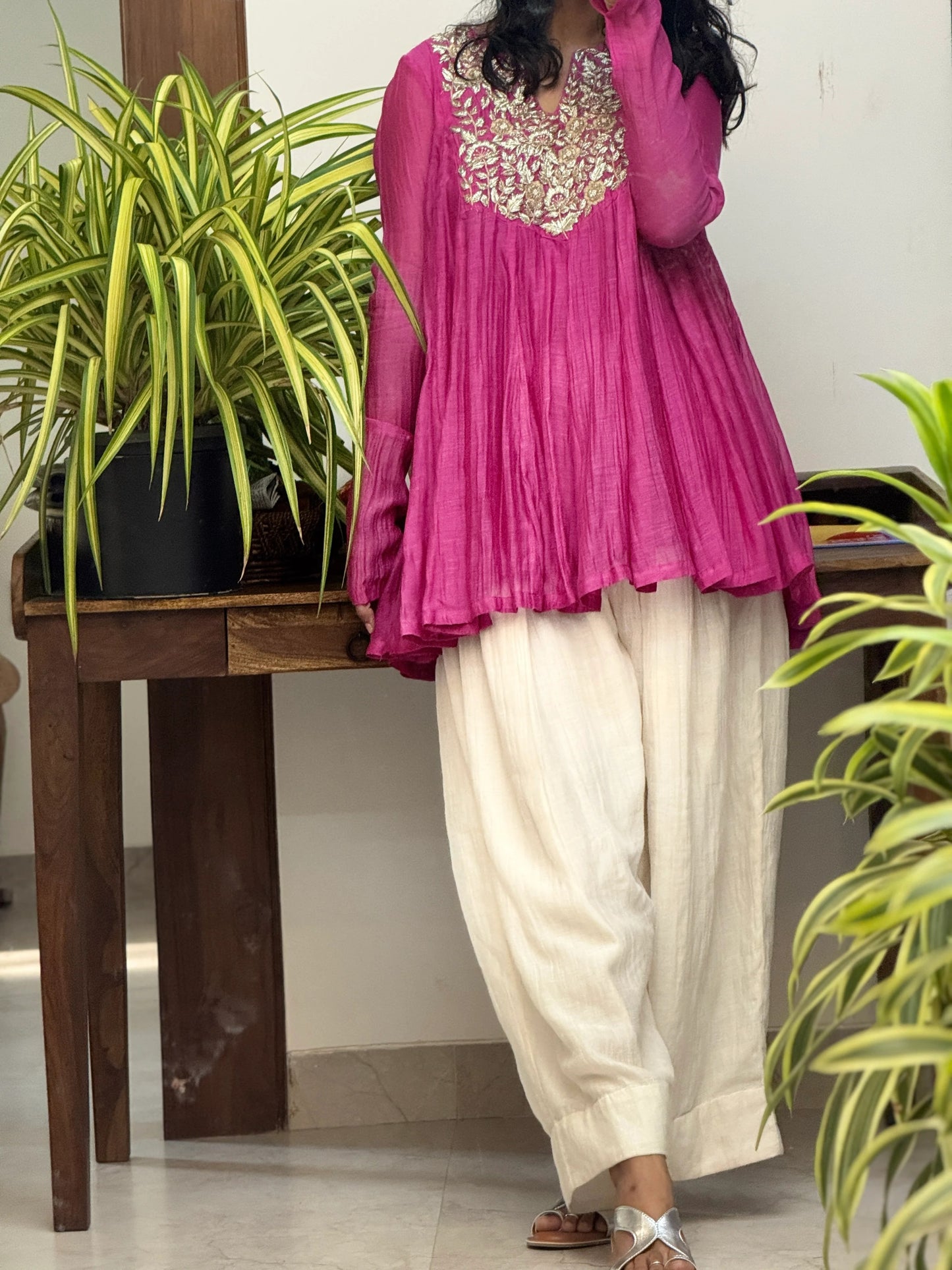 Fuschia pink Mul chanderi embroidered Short Anarkali with Farshi Salwar