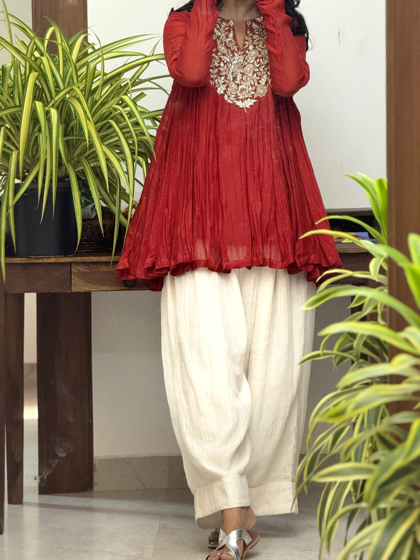 Mahroon Mul chanderi embroidered Short Anarkali with Farshi Salwar