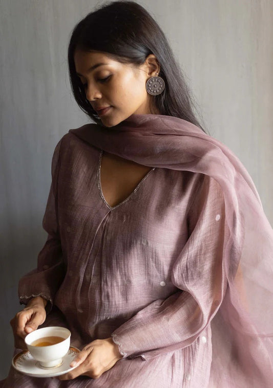 Lilac Silver Woven Dots 3 Piece Kurta Set