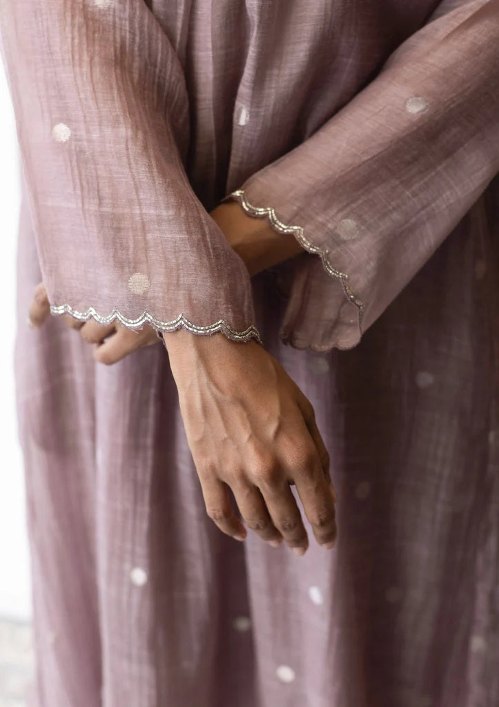 Lilac Silver Woven Dots 3 Piece Kurta Set