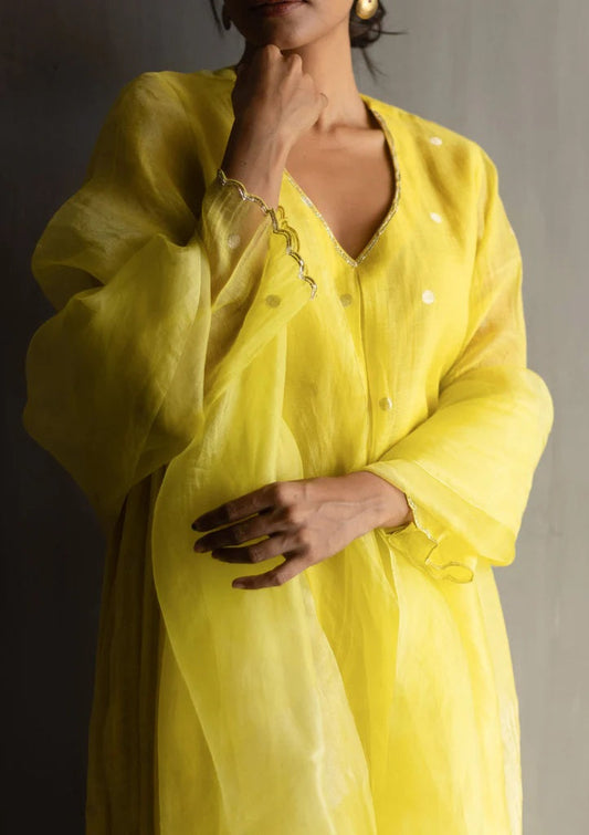 Canary Silver Woven Dots 3 Piece Kurta Set