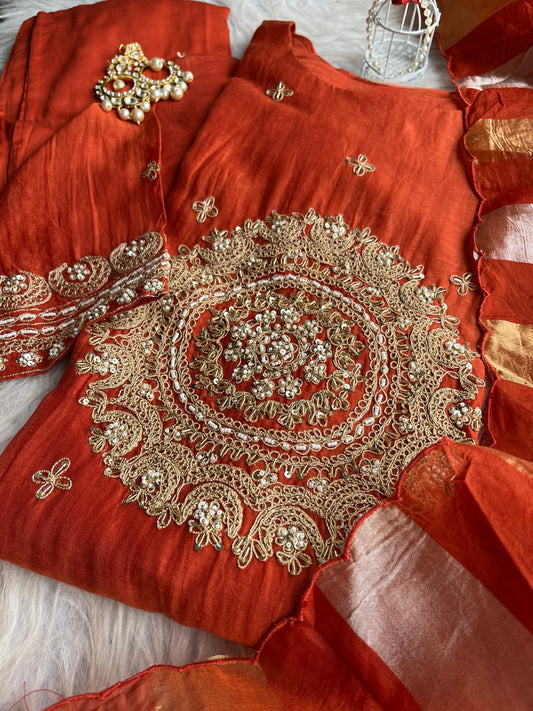 Khwab Premium Mul Chanderi Suit - RUST ORGANGE