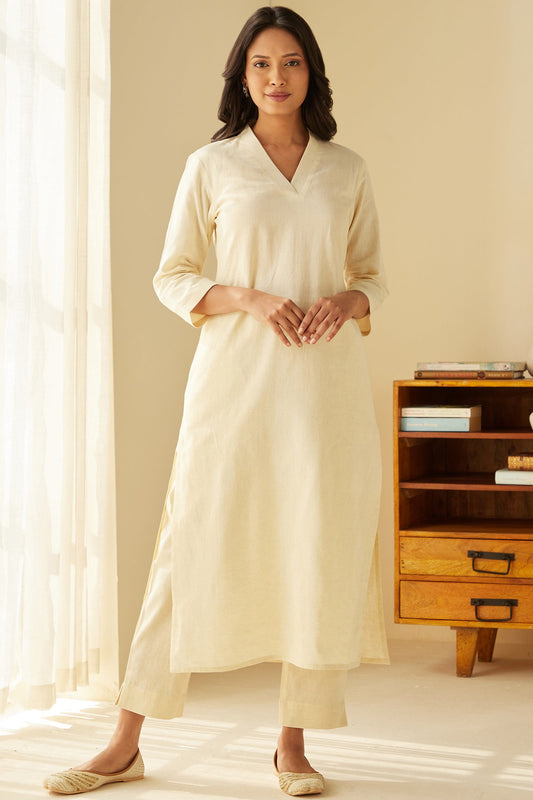 Cream Handcrafted Straight Khadi Cotton Kurta Pant Set For Womens