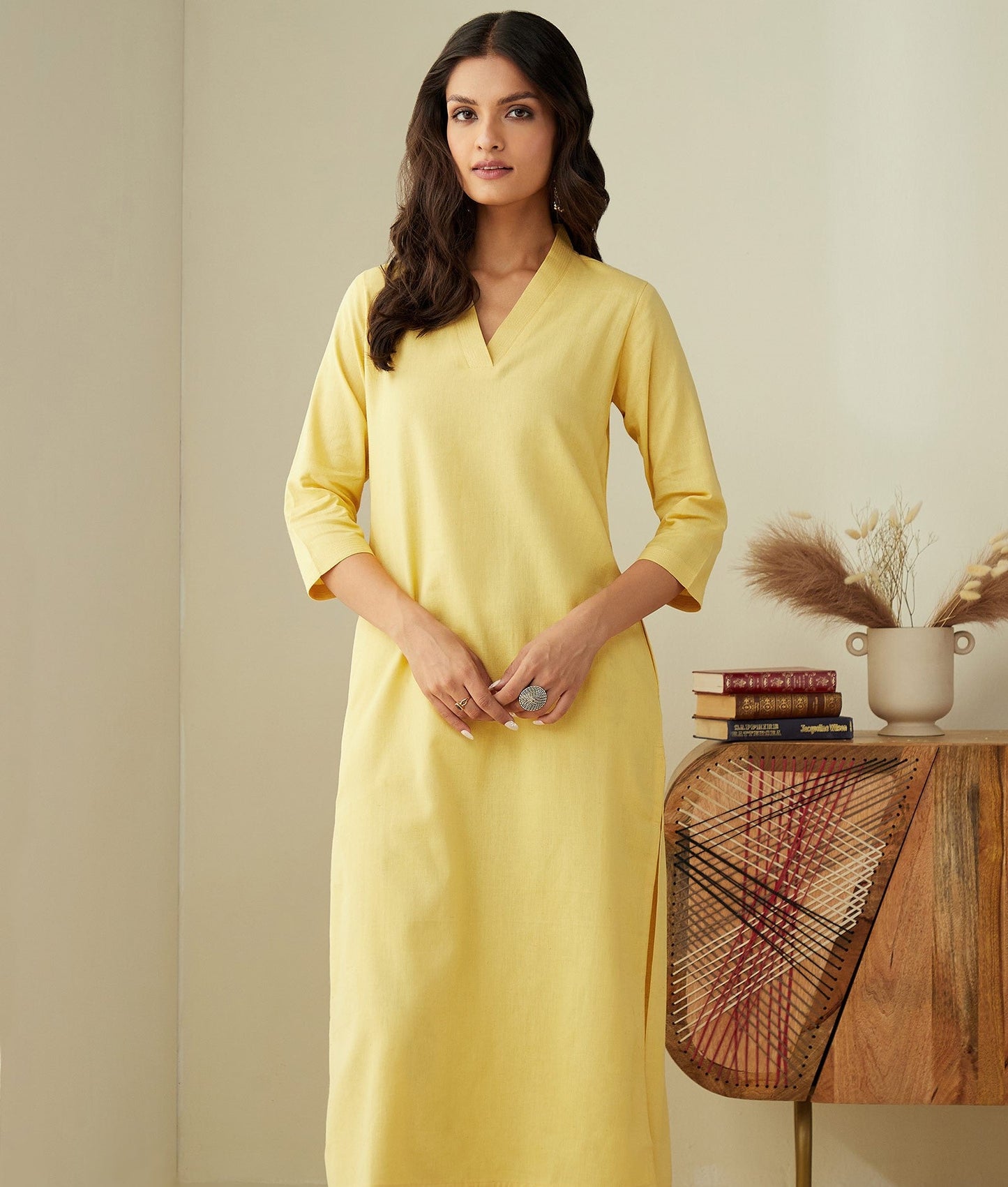 Office Wear Airy Linen Lemon yellow Kurta pant set
