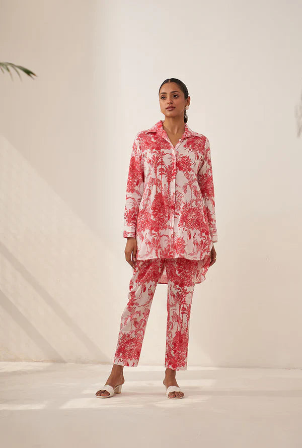 RED TROPICAL HIGH LOW LOVEBIRDS CO-ORD SET