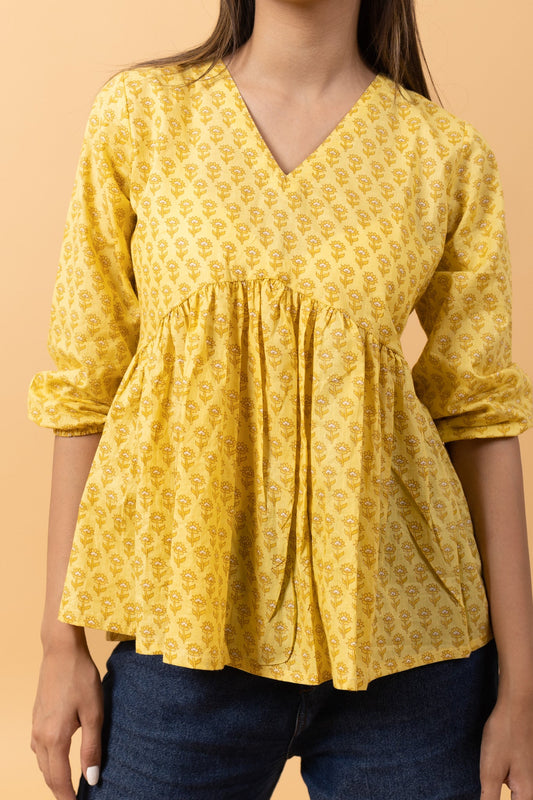 Yellow Buti 100% Cotton summer Short Kurti for Jeans -Peplum Top