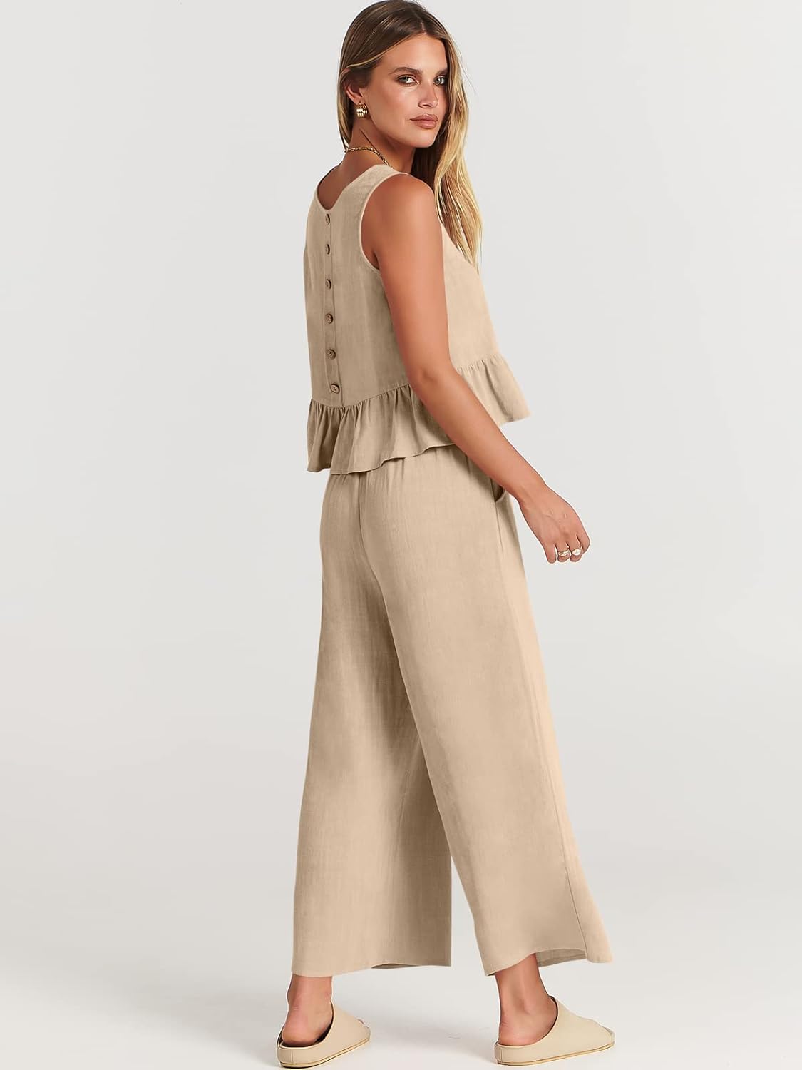 100% Viscose Linen Two Piece Coord set - Ruffles Crop Top & Wide Leg Pants -Beige