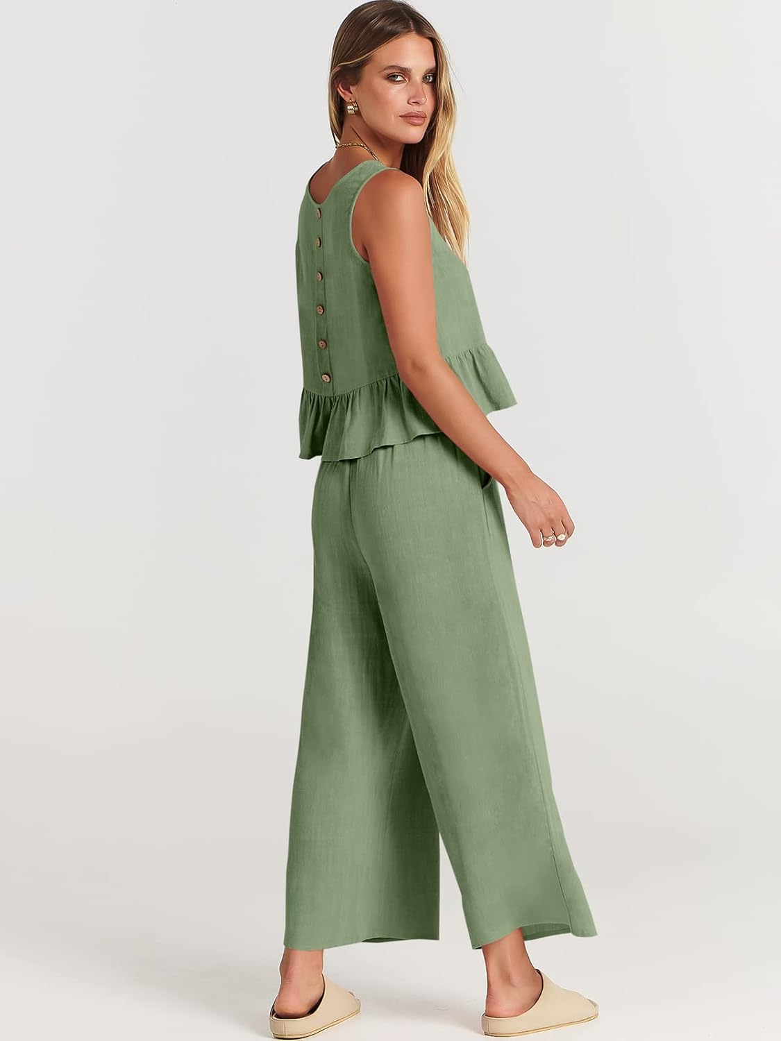 100% Viscose Linen Two Piece Coord set - Ruffles Crop Top & Wide Leg Pants - Olive