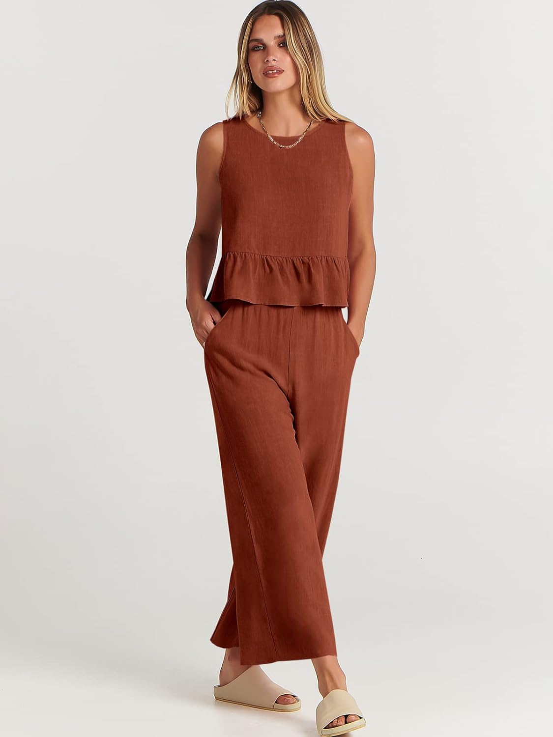 100% Viscose Linen Two Piece Coord set - Ruffles Crop Top & Wide Leg Pants - Brown