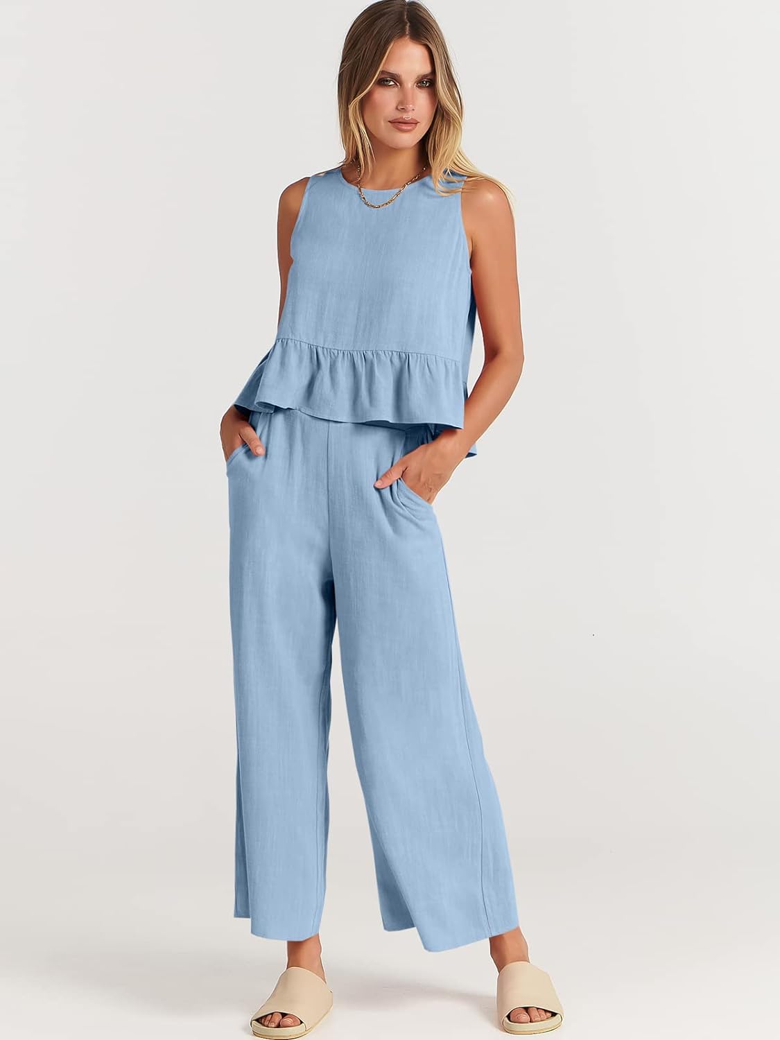 100% Viscose Linen Two Piece Coord set - Ruffles Crop Top & Wide Leg Pants - Light Blue