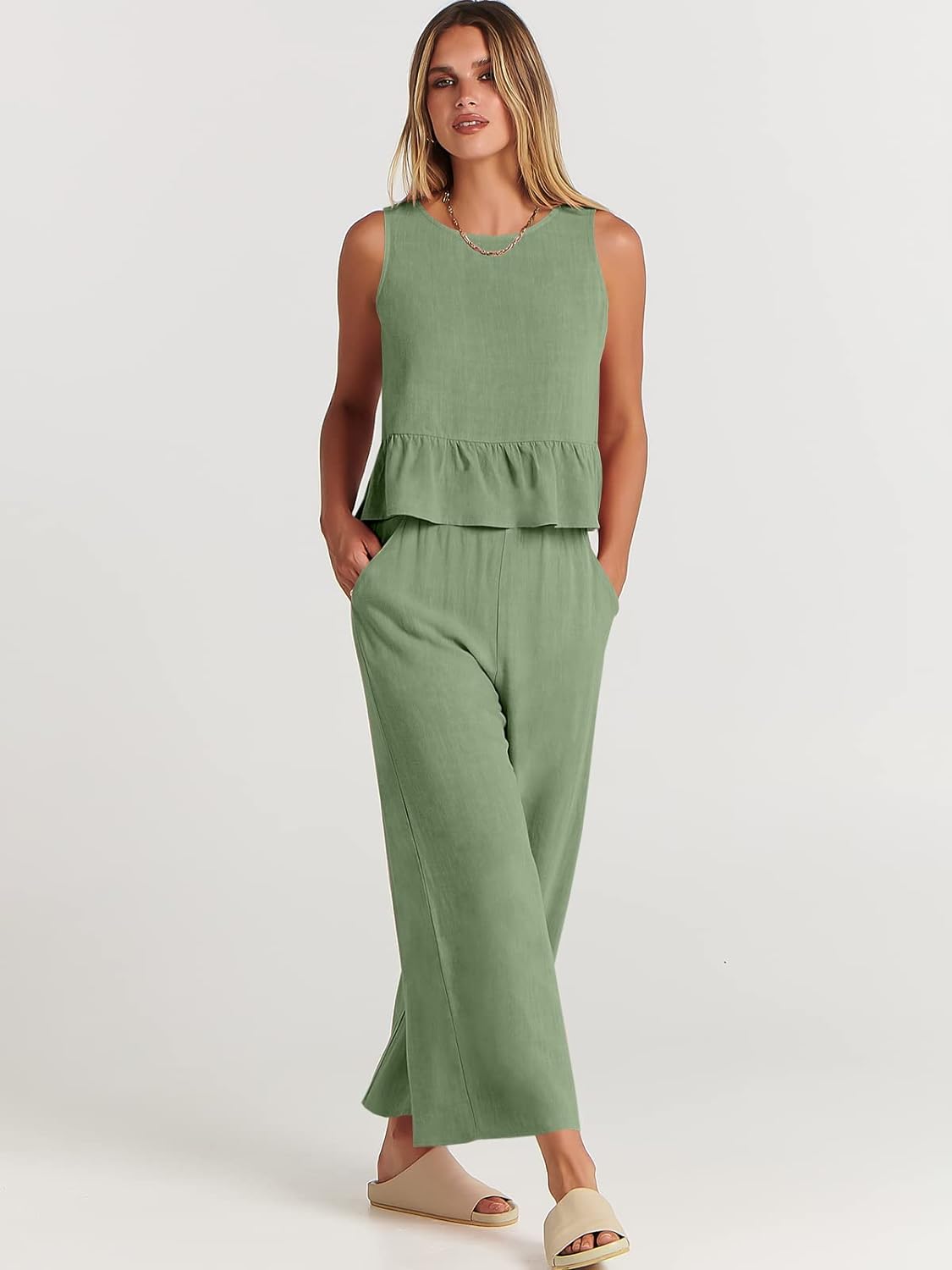 100% Viscose Linen Two Piece Coord set - Ruffles Crop Top & Wide Leg Pants - Olive