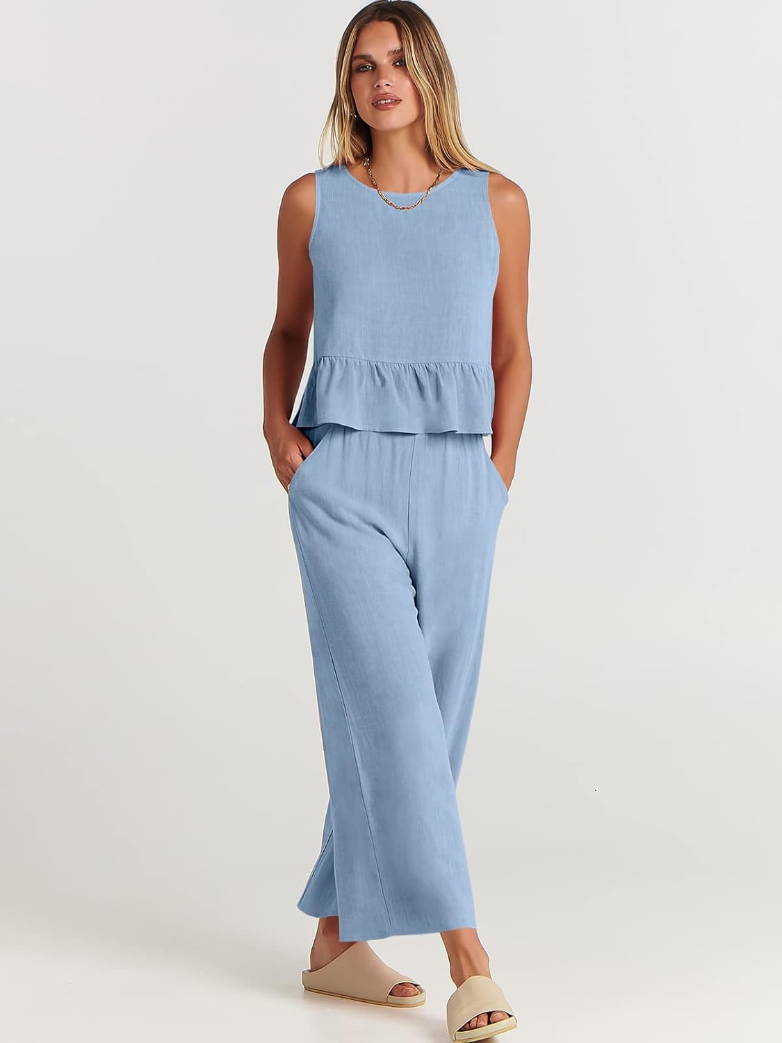 100% Viscose Linen Two Piece Coord set - Ruffles Crop Top & Wide Leg Pants - Light Blue
