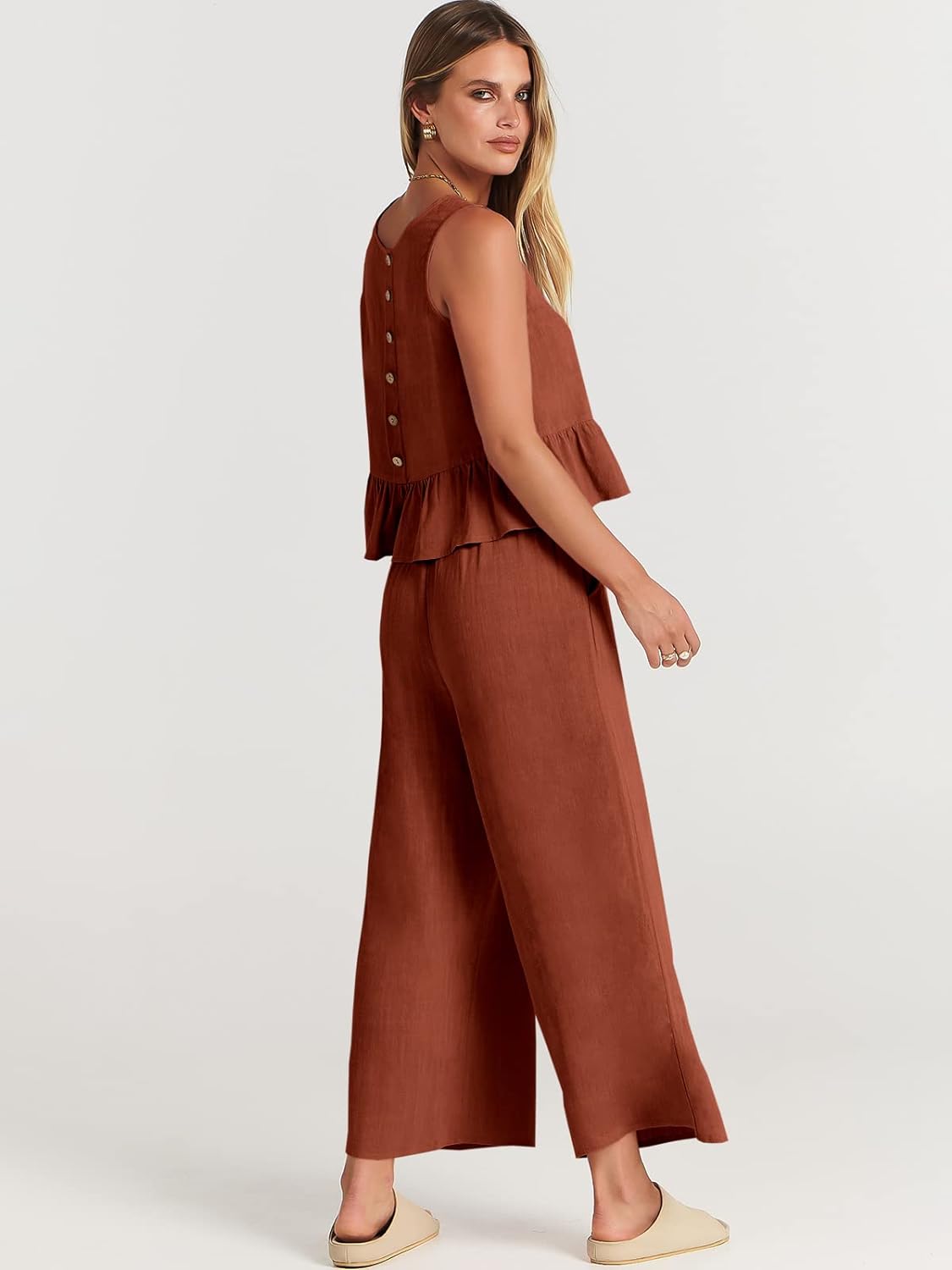 100% Viscose Linen Two Piece Coord set - Ruffles Crop Top & Wide Leg Pants - Brown