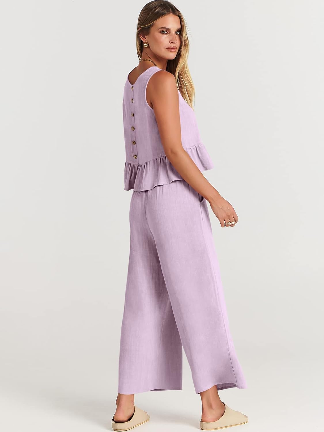 100% Viscose Linen Two Piece Coord set - Ruffles Crop Top & Wide Leg Pants - Lilac