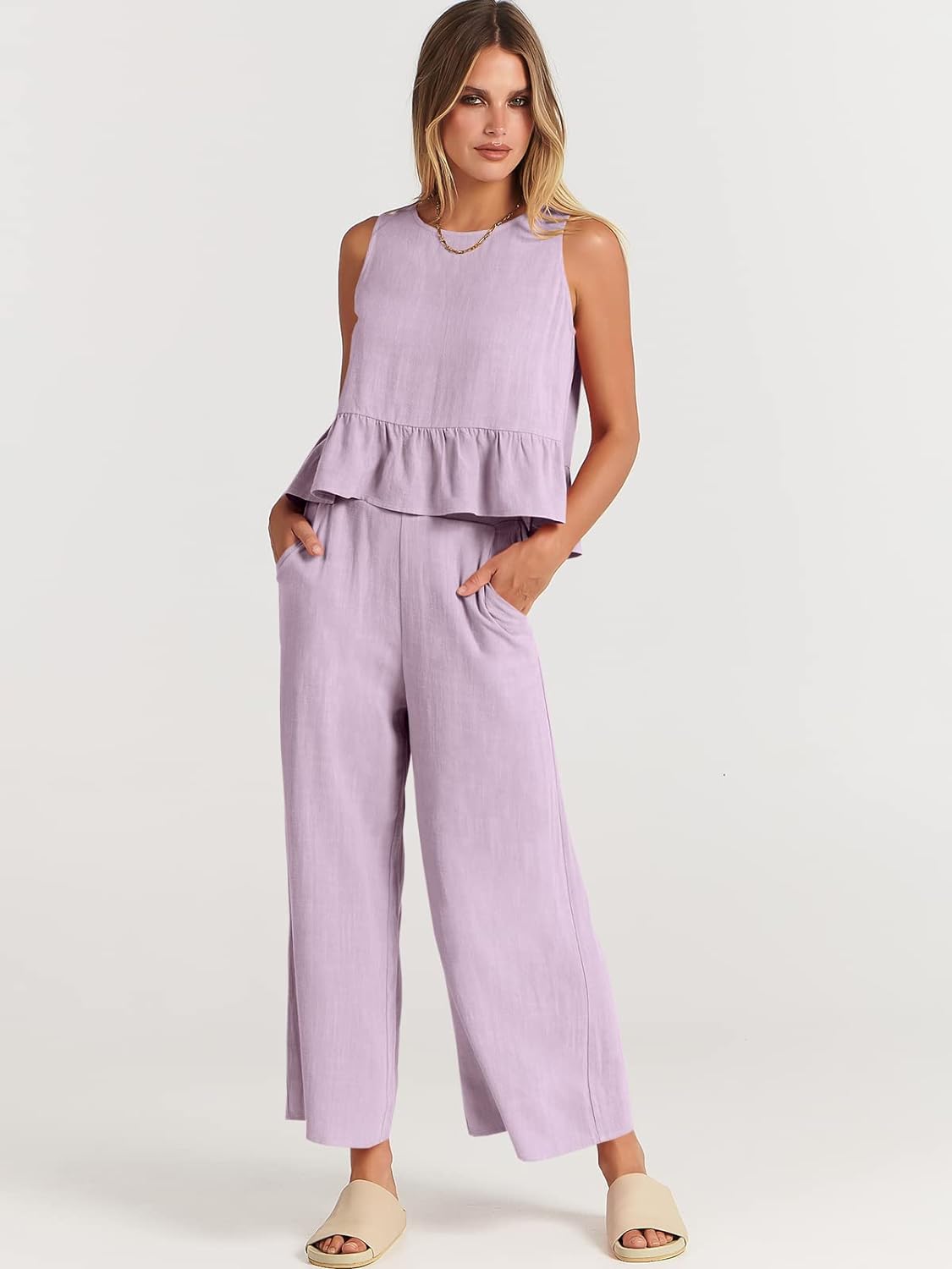 100% Viscose Linen Two Piece Coord set - Ruffles Crop Top & Wide Leg Pants - Lilac