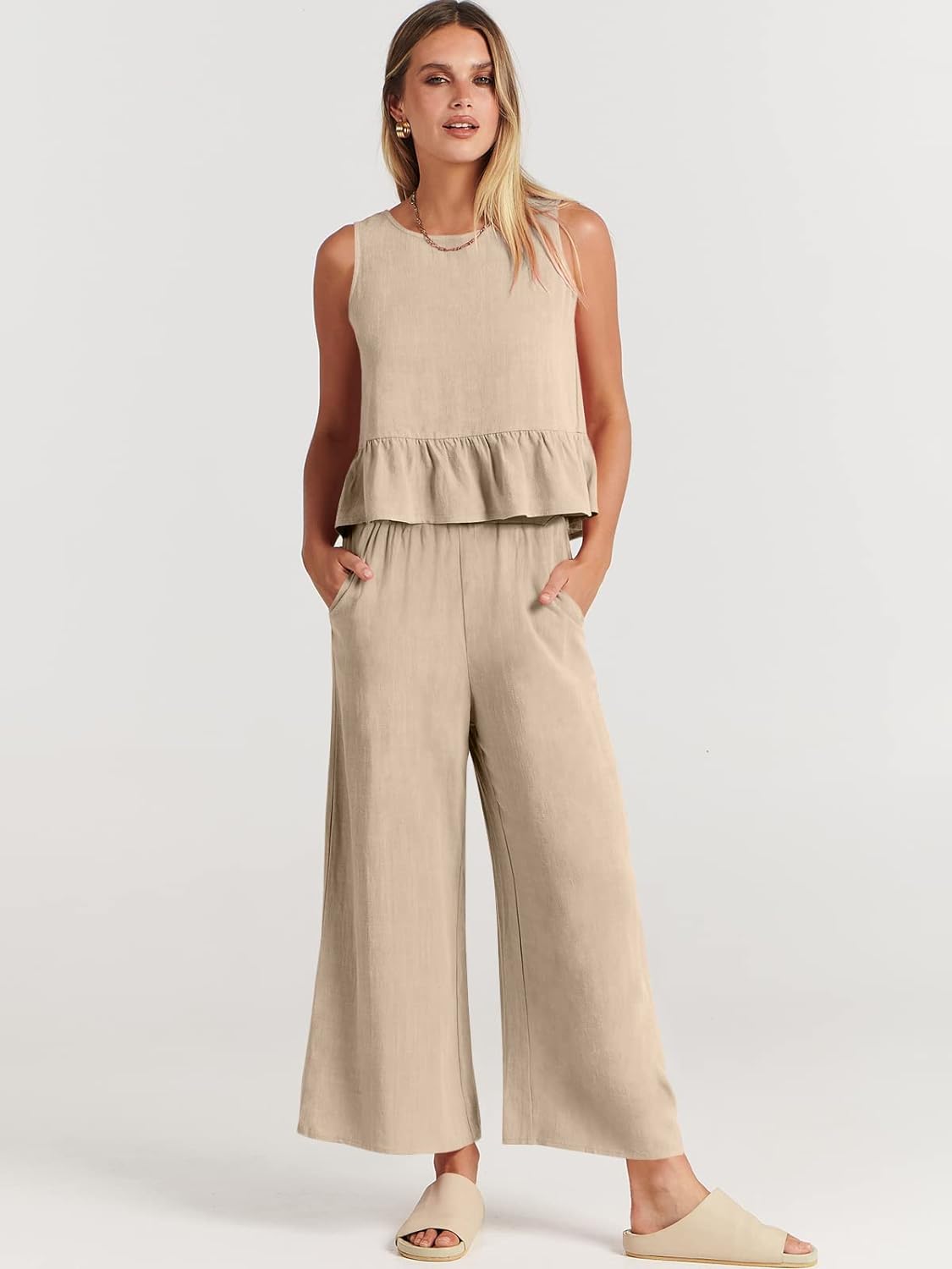 100% Viscose Linen Two Piece Coord set - Ruffles Crop Top & Wide Leg Pants -Beige