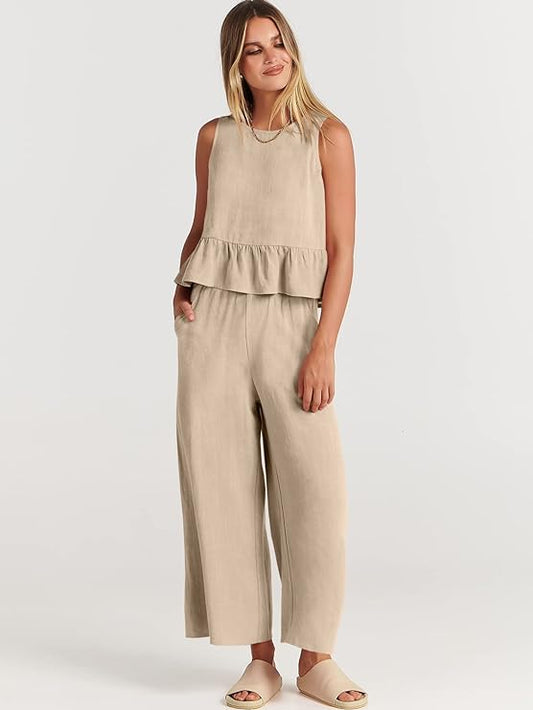 100% Viscose Linen Two Piece Coord set - Ruffles Crop Top & Wide Leg Pants -Beige