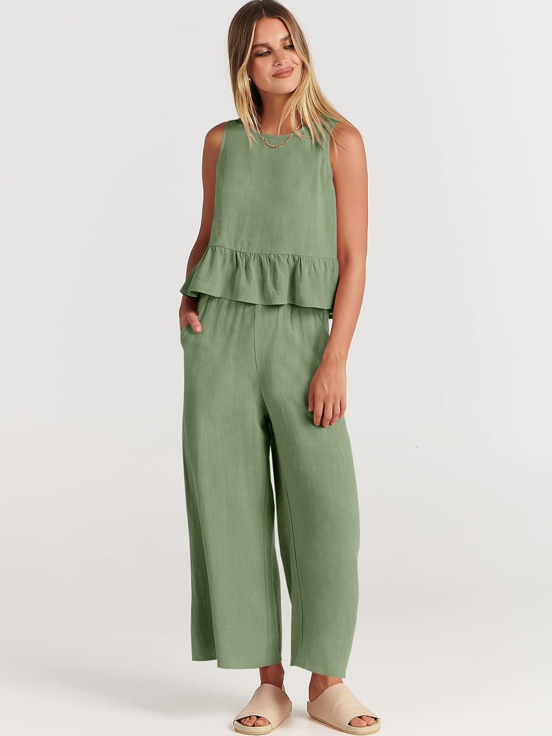100% Viscose Linen Two Piece Coord set - Ruffles Crop Top & Wide Leg Pants - Olive