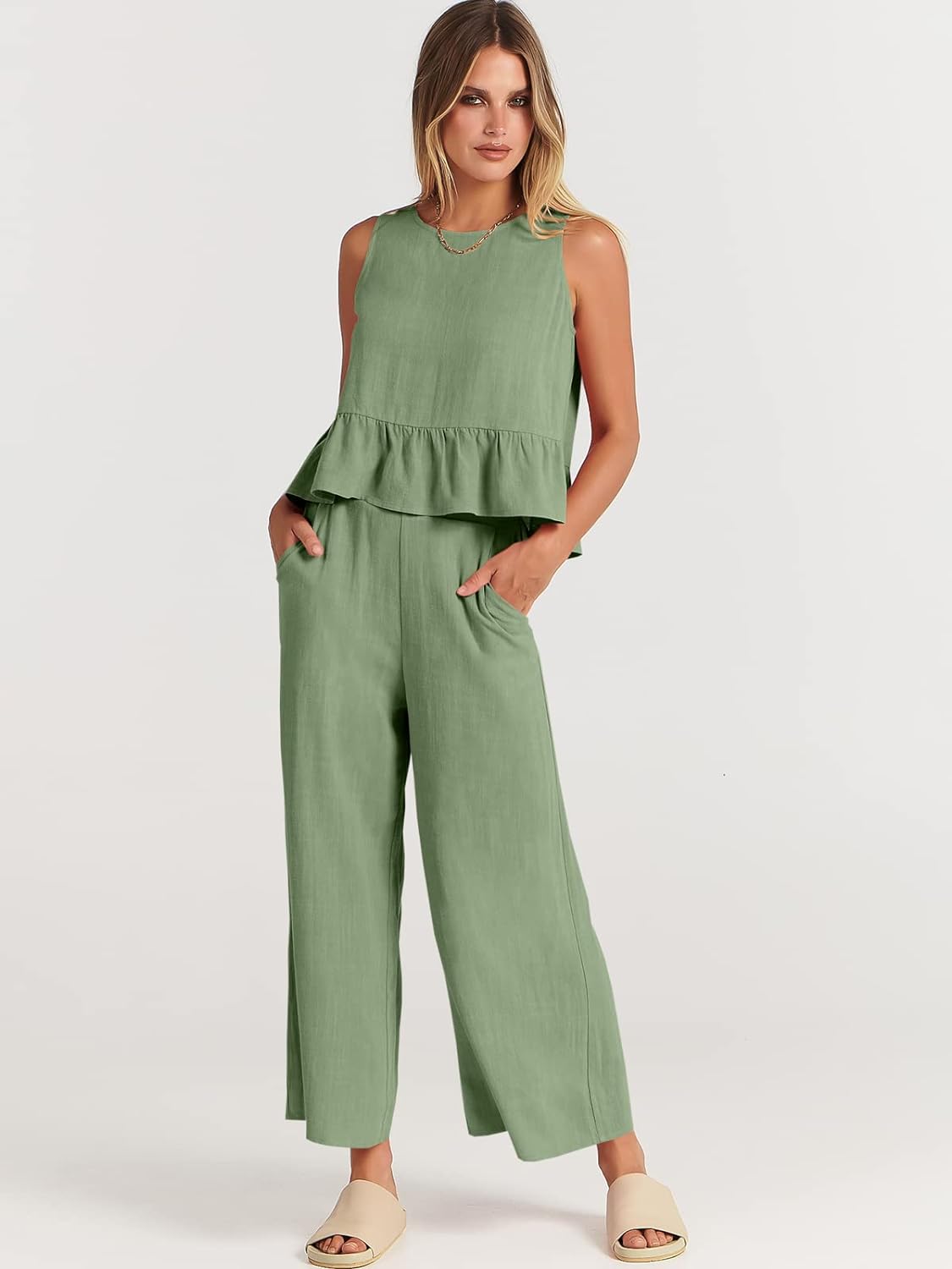 100% Viscose Linen Two Piece Coord set - Ruffles Crop Top & Wide Leg Pants - Olive
