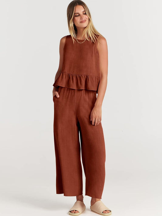 100% Viscose Linen Two Piece Coord set - Ruffles Crop Top & Wide Leg Pants - Brown