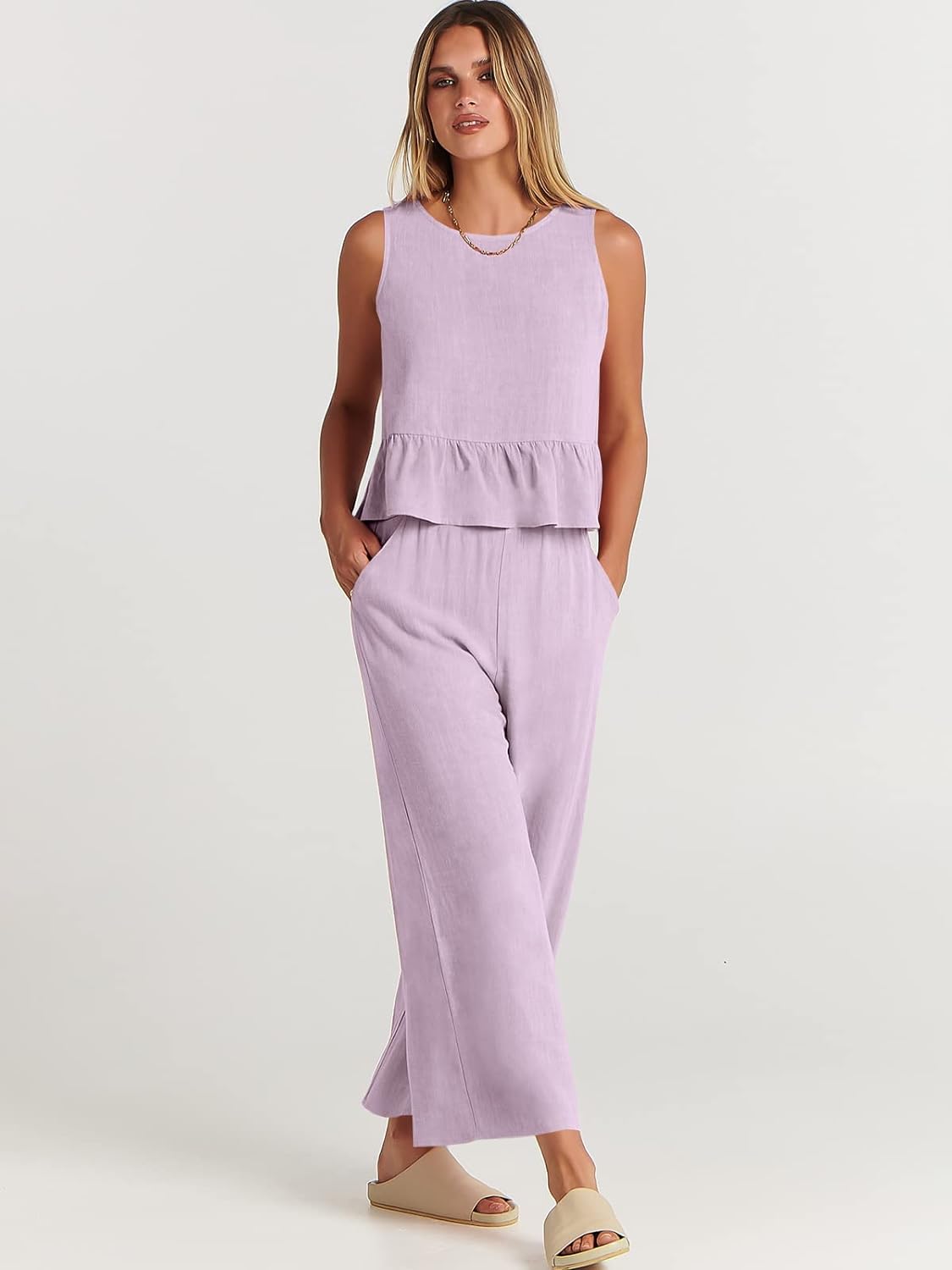 100% Viscose Linen Two Piece Coord set - Ruffles Crop Top & Wide Leg Pants - Lilac