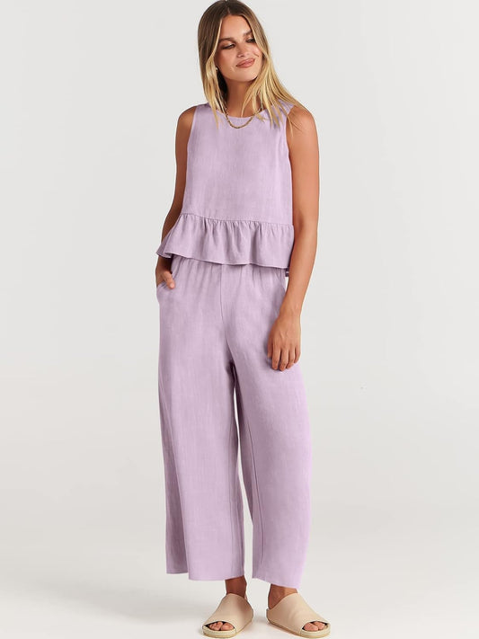 100% Viscose Linen Two Piece Coord set - Ruffles Crop Top & Wide Leg Pants - Lilac