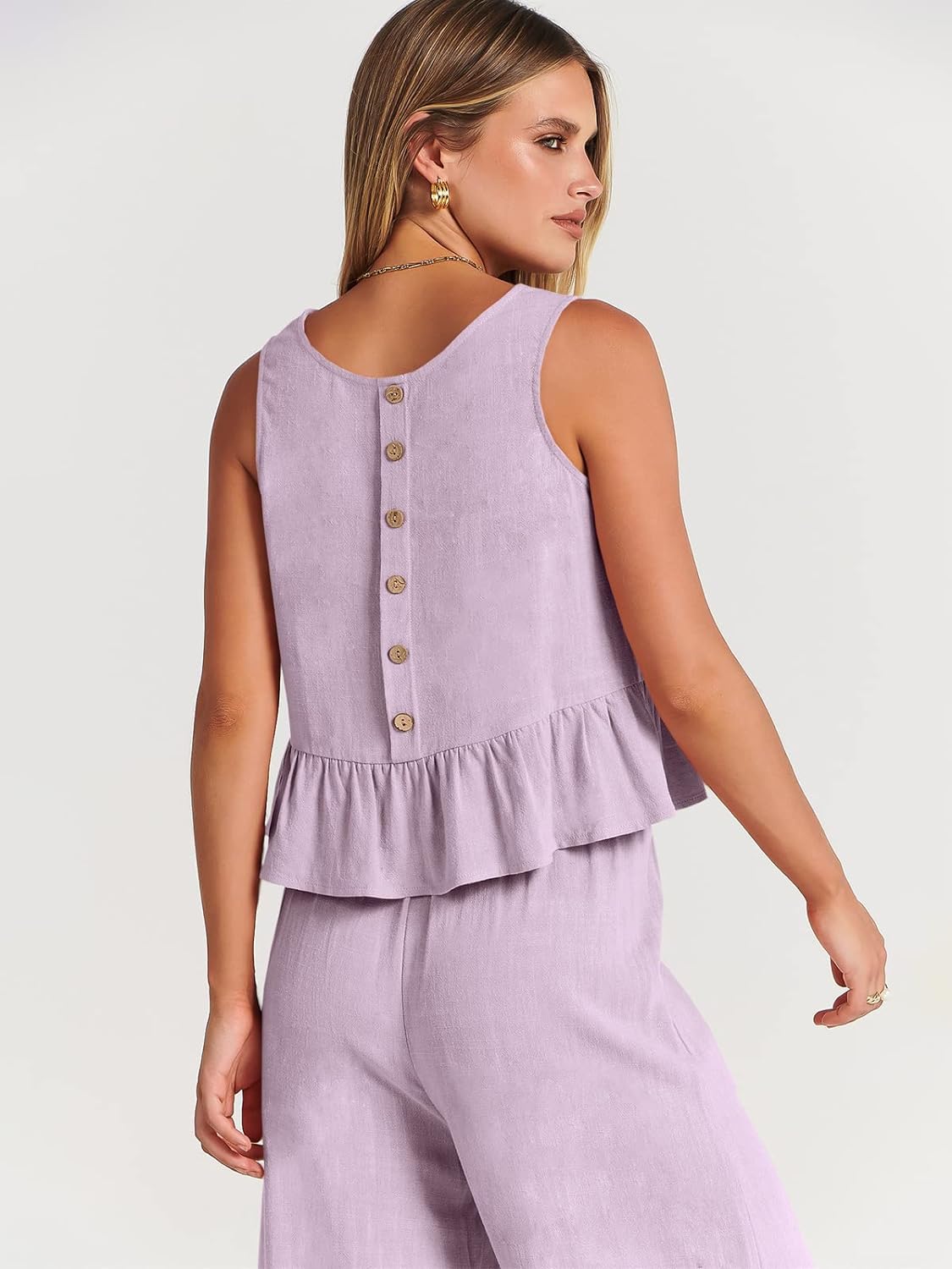100% Viscose Linen Two Piece Coord set - Ruffles Crop Top & Wide Leg Pants - Lilac