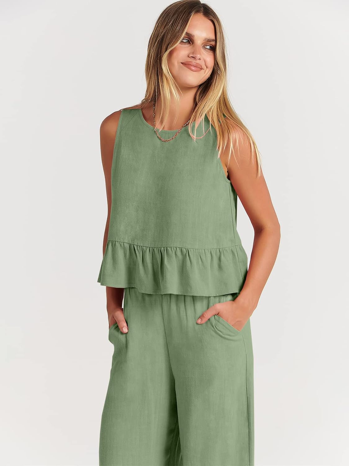 100% Viscose Linen Two Piece Coord set - Ruffles Crop Top & Wide Leg Pants - Olive