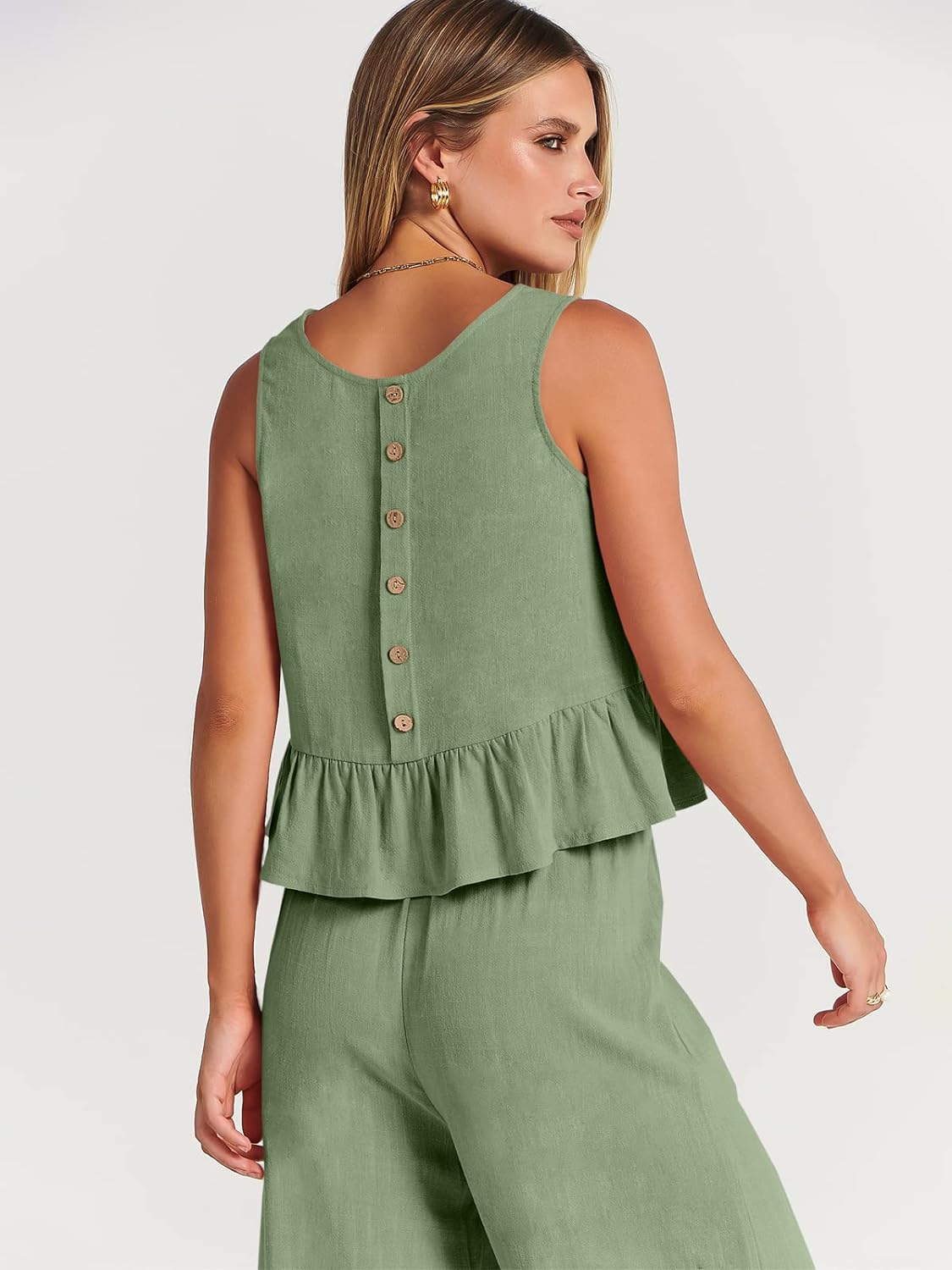 100% Viscose Linen Two Piece Coord set - Ruffles Crop Top & Wide Leg Pants - Olive