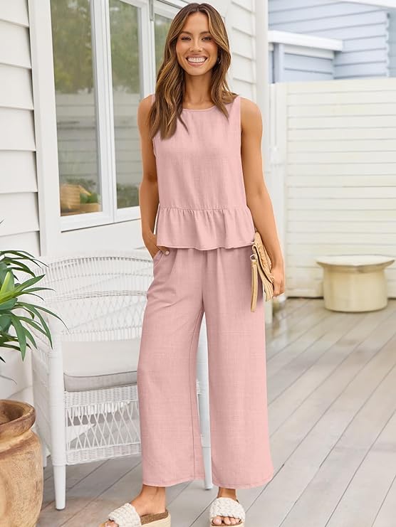 100% Viscose Linen Two Piece Coord set - Ruffles Crop Top & Wide Leg Pants -Pink
