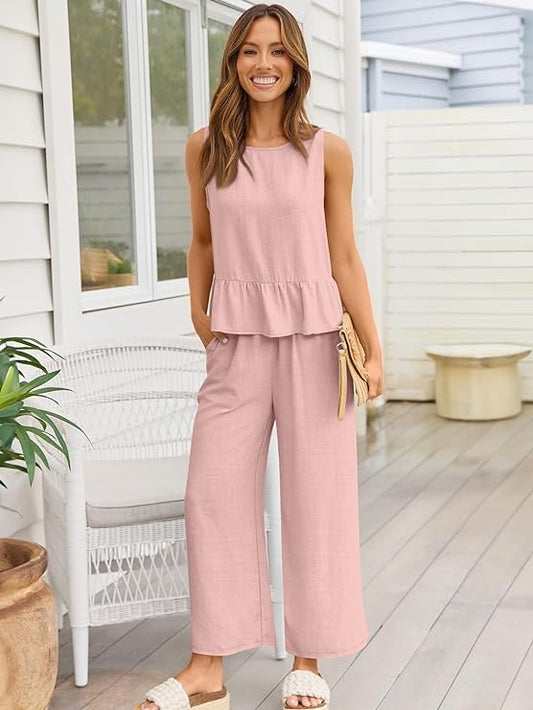 100% Viscose Linen Two Piece Coord set - Ruffles Crop Top & Wide Leg Pants -Pink