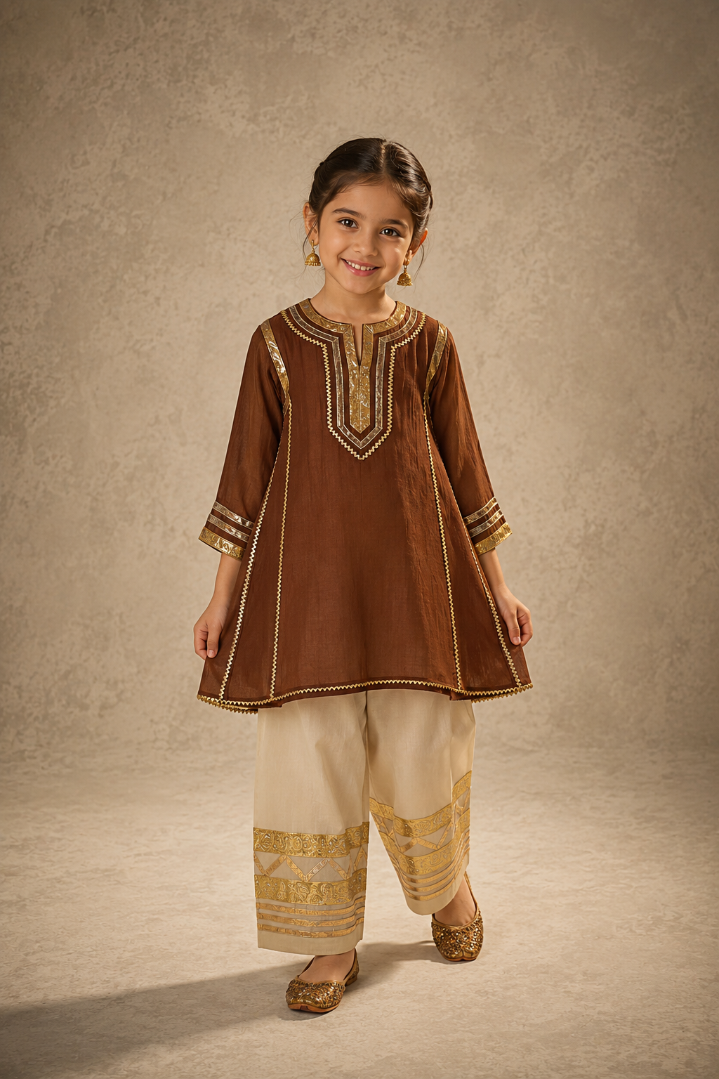 Brown Soft Chanderi Silk Girls kurta and Farsi Salwar- Noor Collection