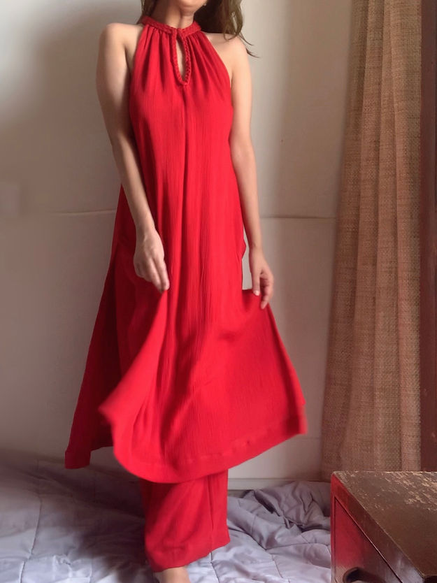 The Mira Set : Red Long Kurta and pant Organic Cotton Coord Set