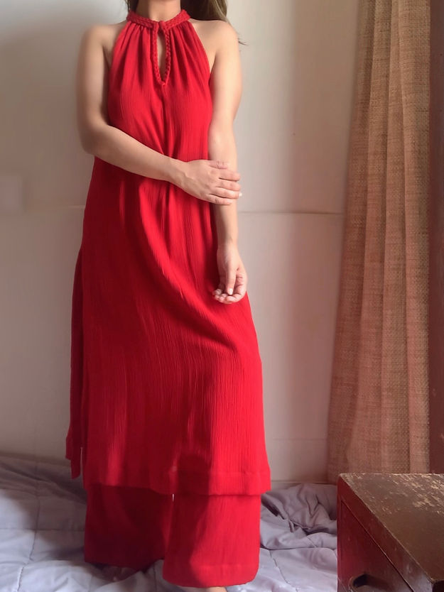 The Mira Set : Red Long Kurta and pant Organic Cotton Coord Set