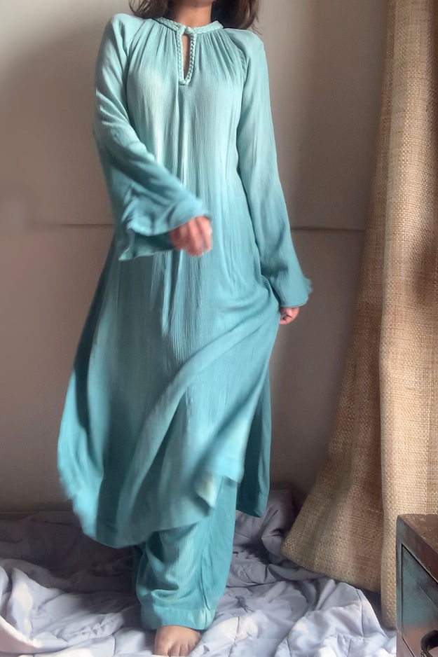The Mira Set : Tie Dye Teal Long Kurta and pant