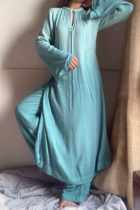 The Mira Set : Tie Dye Teal Long Kurta and pant