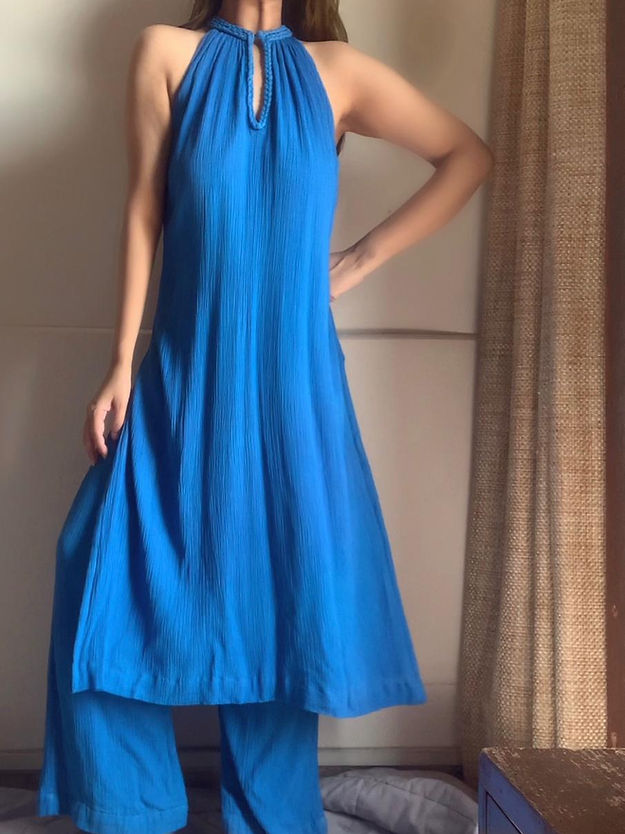 The Mira Set : Cobalt Blue Long Kurta and pant Organic Cotton Coord Set
