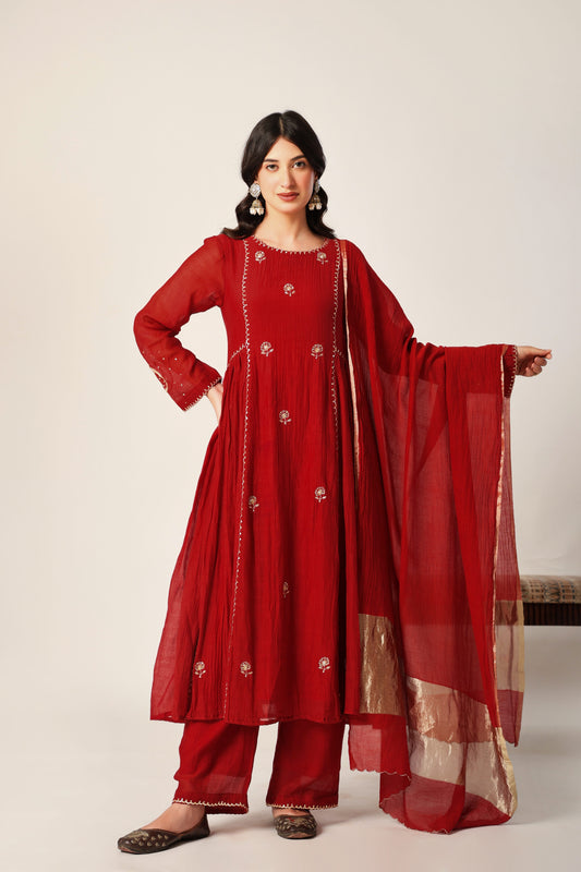 Mulchanderi Chand Kali Suit - Red