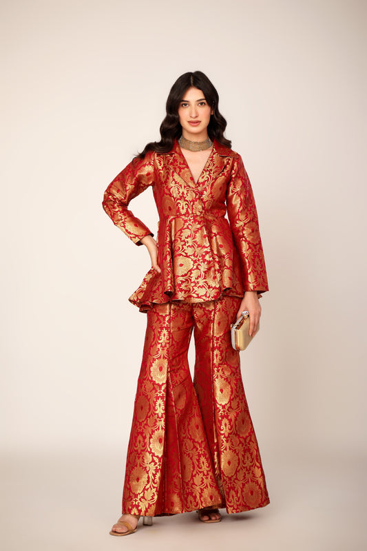 Carmine Banarasi Brocade Kimono Peplum Set