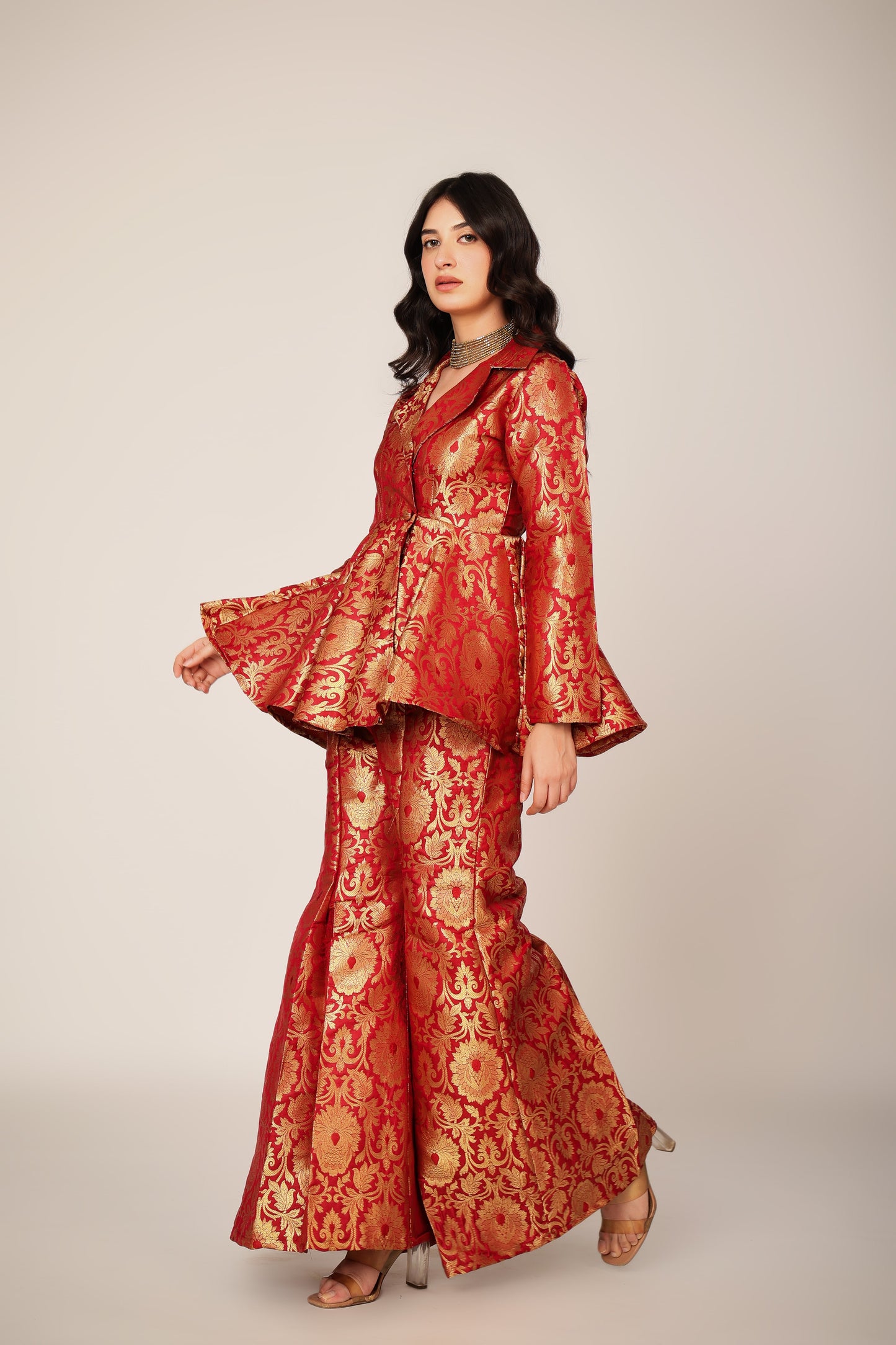 Carmine Banarasi Brocade Kimono Peplum Set