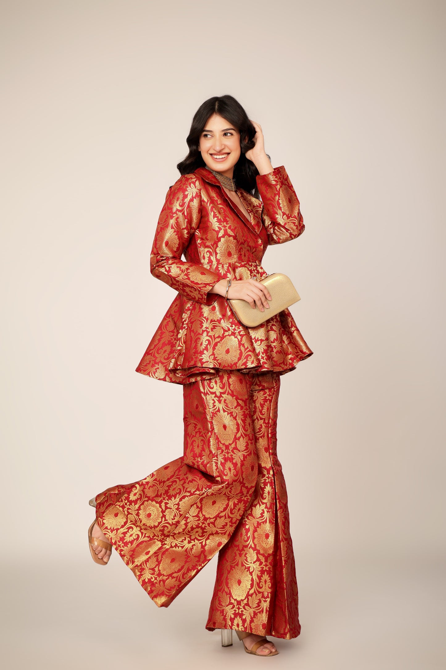 Carmine Banarasi Brocade Kimono Peplum Set