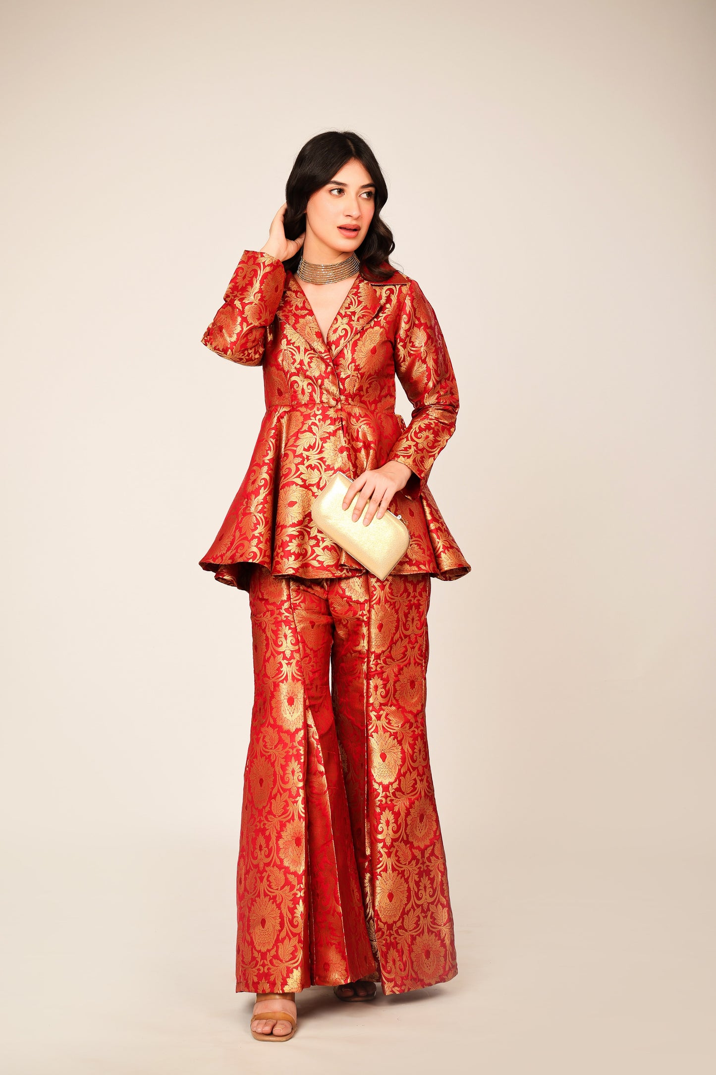 Carmine Banarasi Brocade Kimono Peplum Set